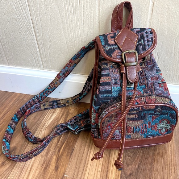 Handbags - Mini Tapestry Leather Trim Boho Bucket Style Backpack